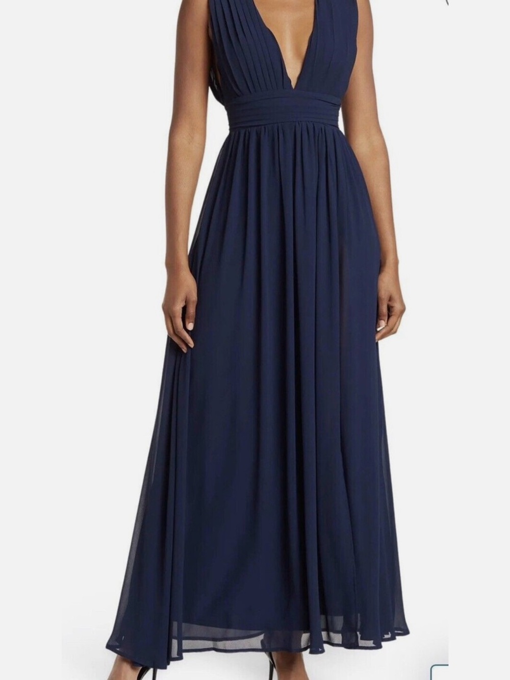 Deep V-Neck Navy Pleated Waist Maxi Dress